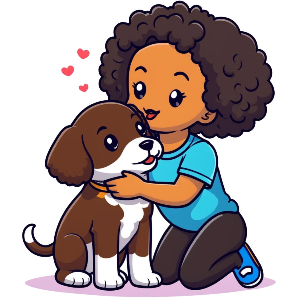 Black girl with curly hair kissing a puppy emoji