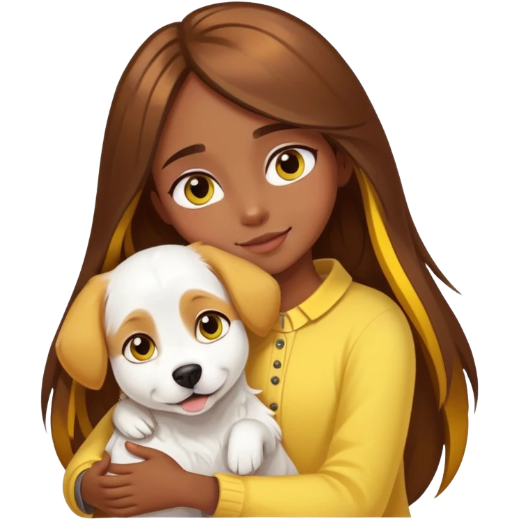 A girl with long brown hair with yellow highlights, big eyes and slightly dark skin happily hugs a white dog tightly emoji