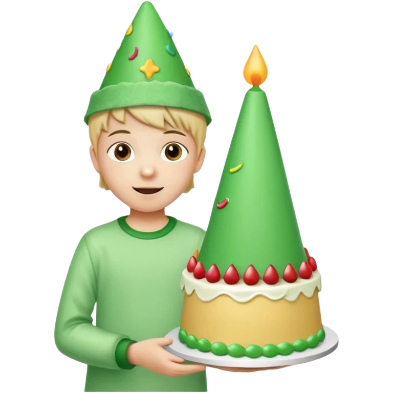 child with a green cone hat, standing by a birthday cake with green icing, cheerful and fun emoji