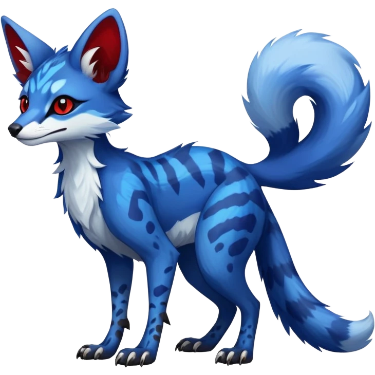 Feral Rare Fantasy sapphire-blue Vernid-Sergal-Genet-species by LiLaiRa, random markings, tufted ears, full body, 4 legs, darker ears, darker legs, red markings, white belly emoji
