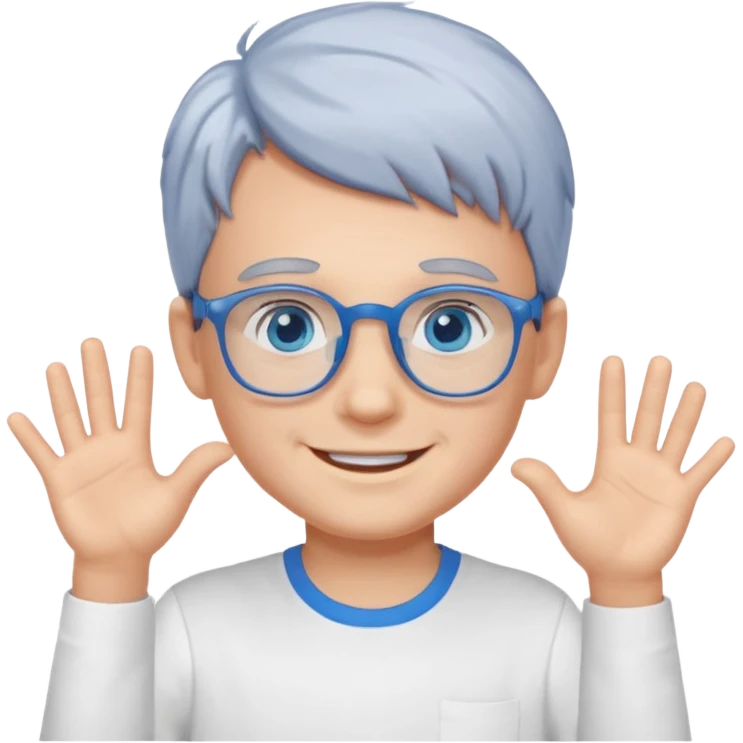 smiling boy in white shirt saying hi with blue glasses and blue eyes and gray hair  emoji