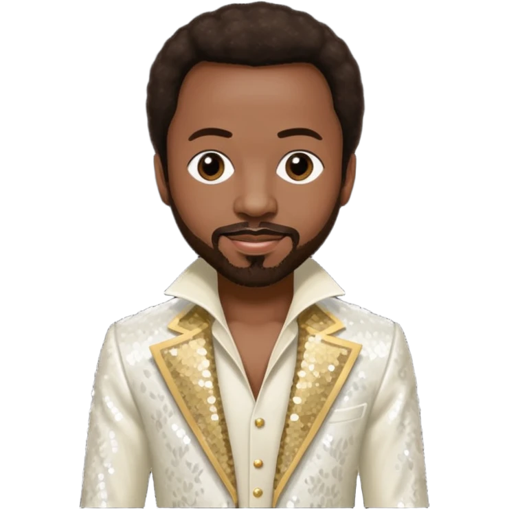 Maurice White from Earth, Wind & Fire with dark brown hair, ivory sequin outfit emoji