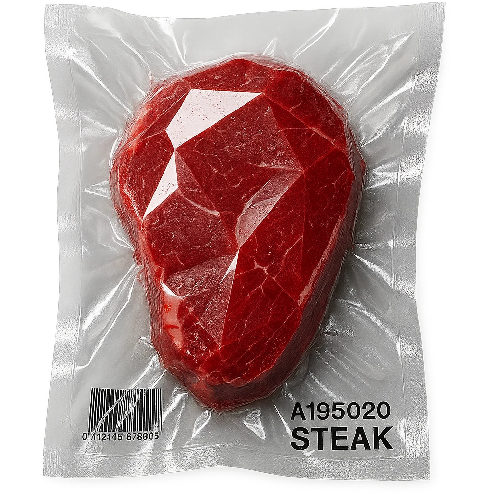 steak with facets like a diamond, very glossy, vacuum-sealed style emoji