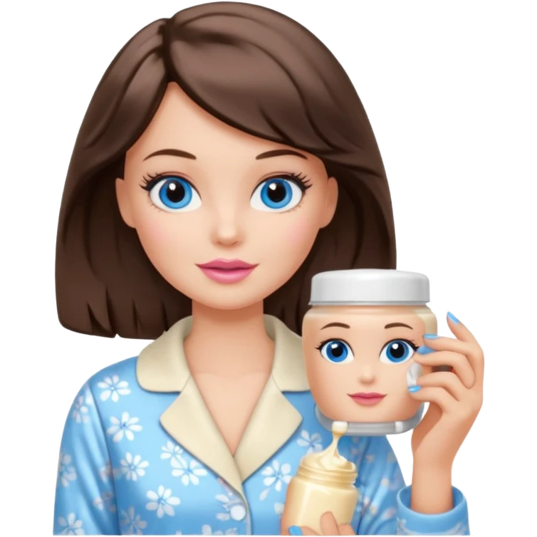 Barbie girl with makeup, blue eyes , and bob long haircut wavy, short brown hair in creamy color pajamas, face cream in hand emoji