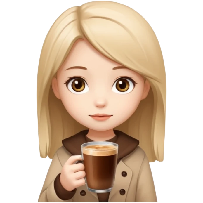 Adorable chibi girl holding a glass of Nescafe, saying “Anneee ☕🥹”, big sparkling eyes, simple cartoon style, beige and brown tones, clean background, sticker design emoji