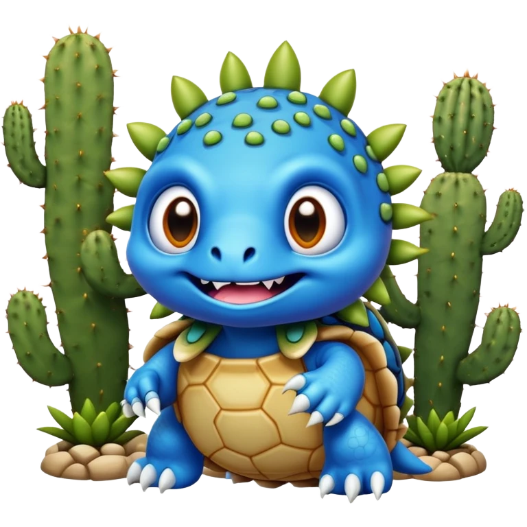 A blue creature with fangs, alien googly eyes, claws, wings, with white dots, and a turtle shell. it looks strong. with a lion face and cactus hands emoji