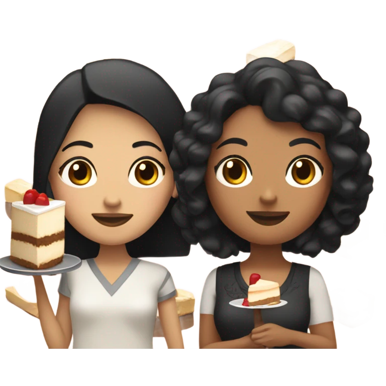 A tan skin woman with curly black hair and an asian woman with straight black hair sharing a cheesecake emoji
