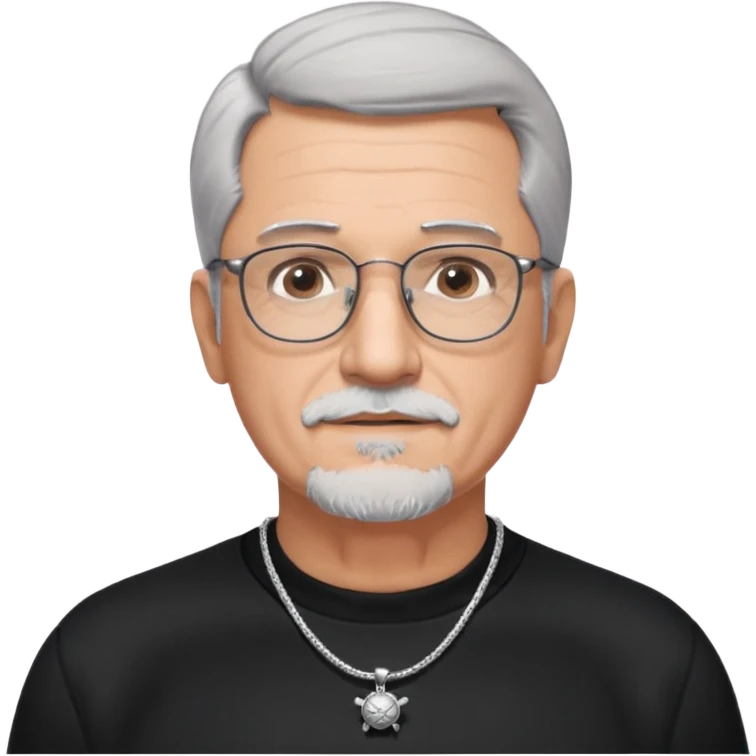 Tony Barceló is a large, strong, lively man in his 70s with short, neatly combed gray hair and a trimmed goatee. broad round face, square glasses, and a confident presence. a black outfit with a silver turtle necklace, reflecting his thoughtful, creative energy as a writer. a stubble  emoji