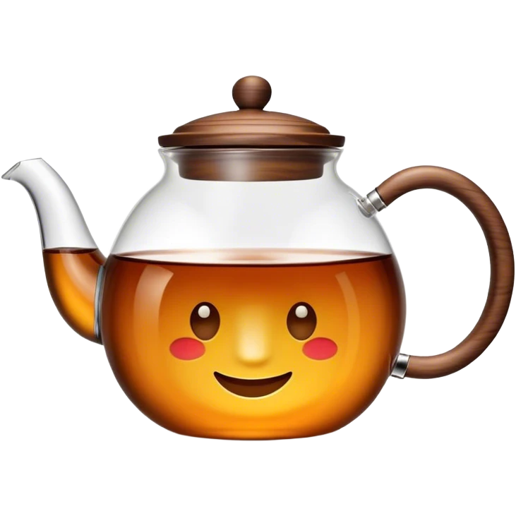 Cinematic realistic emoji depicting a transparent teapot with a realistic wooden lid and glass handle, filled with fragrant tea, rich texture, without unnecessary decoration emoji