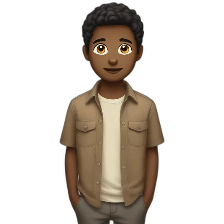 black hair fair skin young boy in brown button up shirt with a tshirt under emoji
