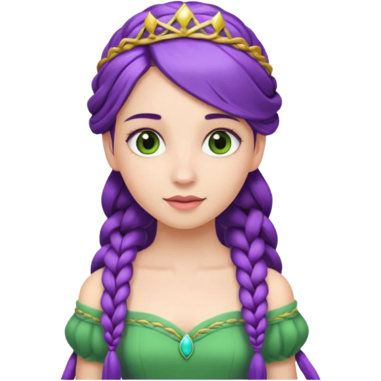 Princesses with Long Purple Braid, green dress emoji