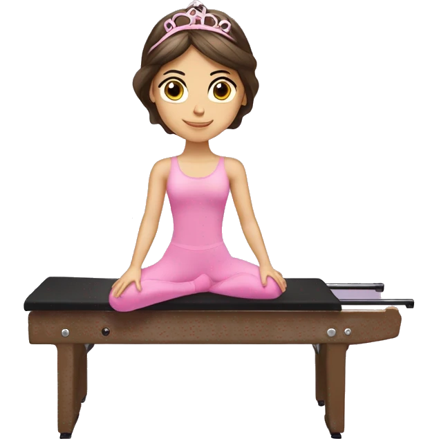 Brunette hair doing Pilates on reformer with pink tiara and ballet wrap emoji