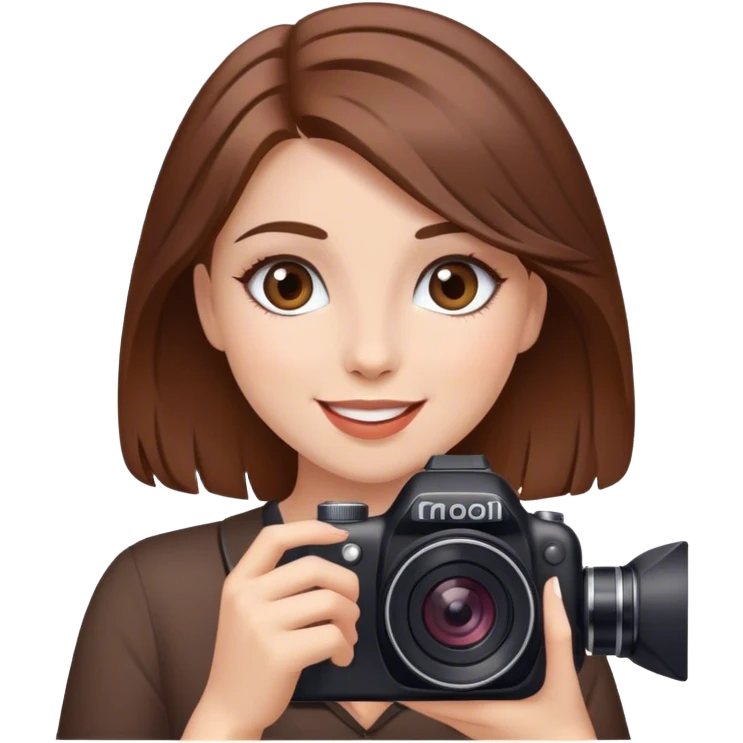 Schönes geschminktes Mädchen mit braunen Haaren das eine Kamera bedient und richtig glücklich ist emoji