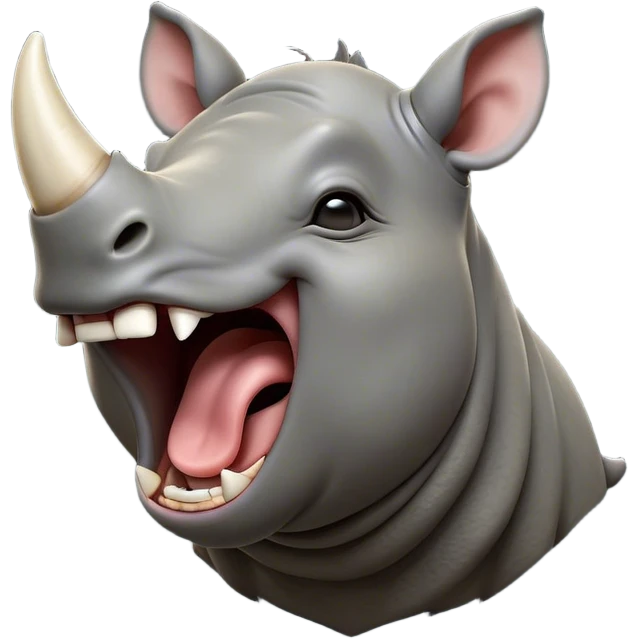 Cinematic Cute Yawning Rhinoceros Portrait Emoji, Head tilted slightly with a dramatic, wide-open yawn, showcasing a soft, textured slate-gray hide with a slightly drooping horn and eyes barely open in drowsy contentment, Simplified yet irresistibly adorable features, highly detailed, glowing with a soft, cozy glow, high shine, relaxed yet expressive, stylized with a touch of rugged whimsy, bright and endearing, soft glowing outline, capturing the essence of a sleepy yet affectionate rhinoceros, so drowsy it feels like it could stretch out of the screen and curl up for a nap! emoji
