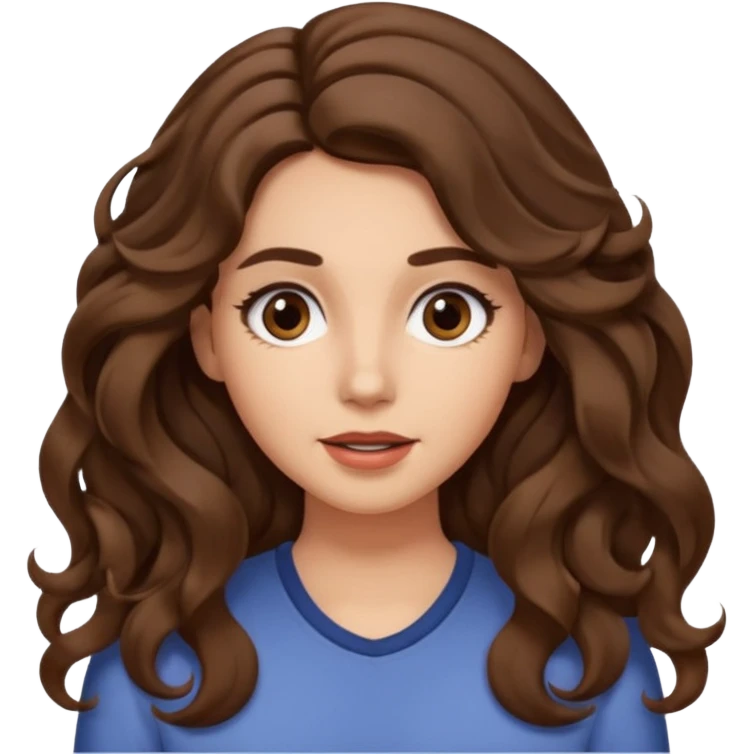 She has long, brown hair styled in soft wavy curls with a middle part. She has well-shaped eyebrows and dark brown eyes. She is wearing light makeup that highlights her natural beauty and is offering a slight smile to the camera. She is surprise emoji