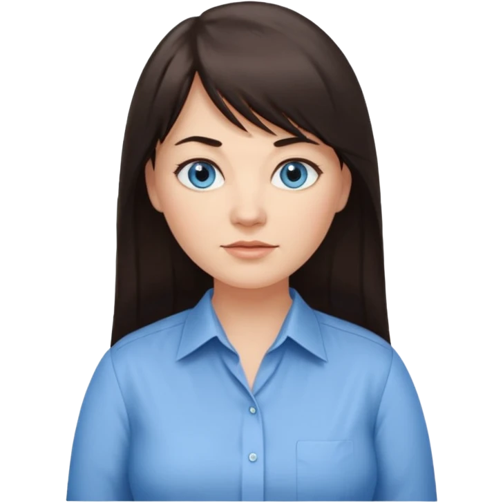 40 yr old woman, blue eyes, long straight dark brown hair, business shirt, chubby, bangs, long hair emoji
