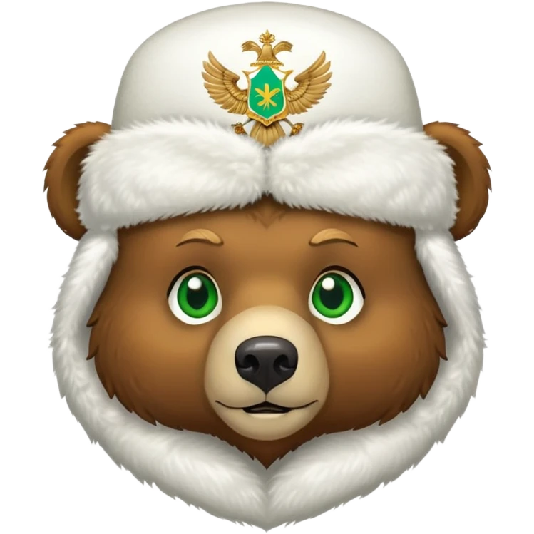 Cute brown bear head with green eyes, wearing white fluffy ushanka with precise Russian coat of arms showing golden double-headed eagle with all official details, iOS emoji style emoji