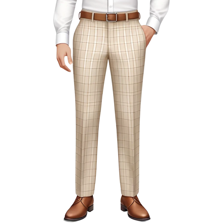 beige dress pants with distinct white grid pattern, formal trousers with clear white check pattern, cuffed hem, tailored pants with white plaid design, isolated garment only emoji