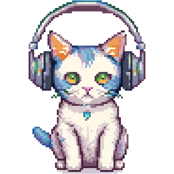 a cool cat listening to music with headphones, pixel art style emoji