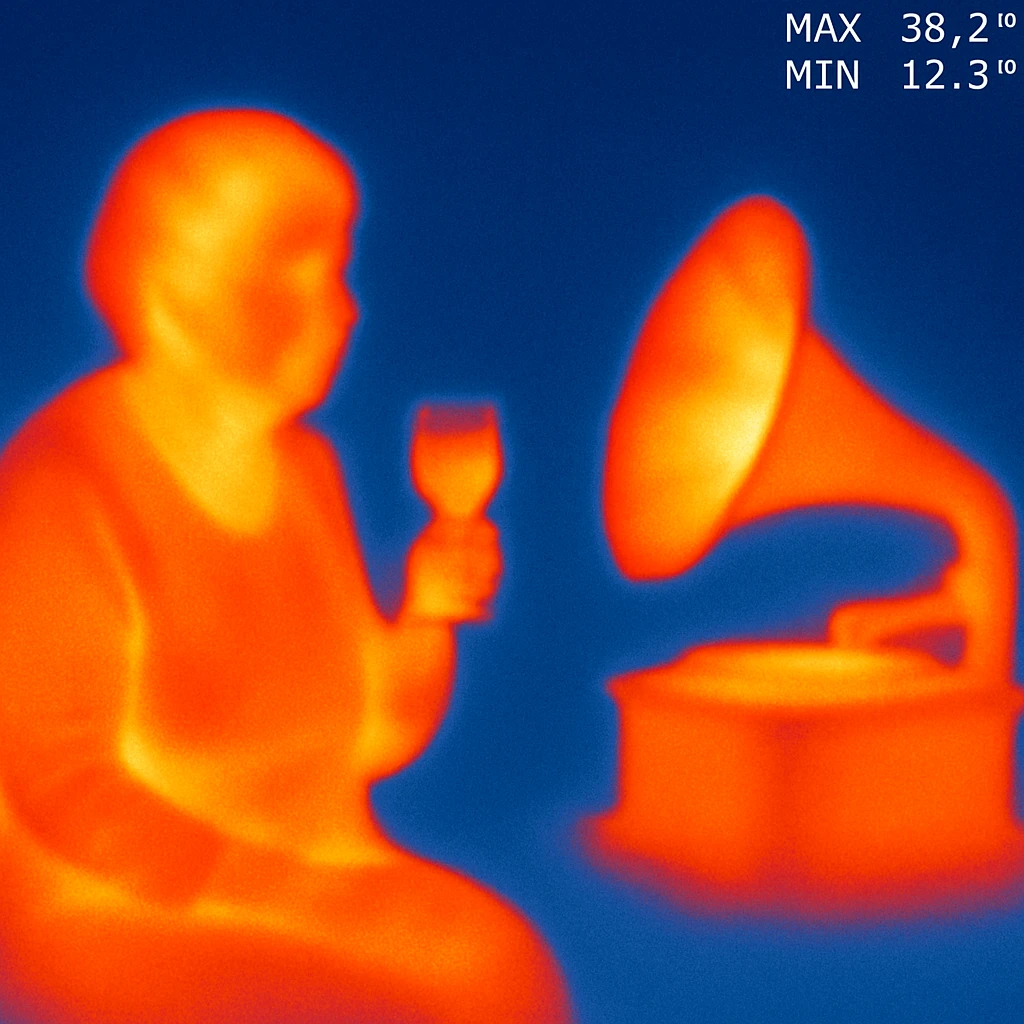 old lady with wineglass listening to gramophone emoji