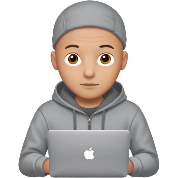 bald young programmer with MacBook wears huudy emoji