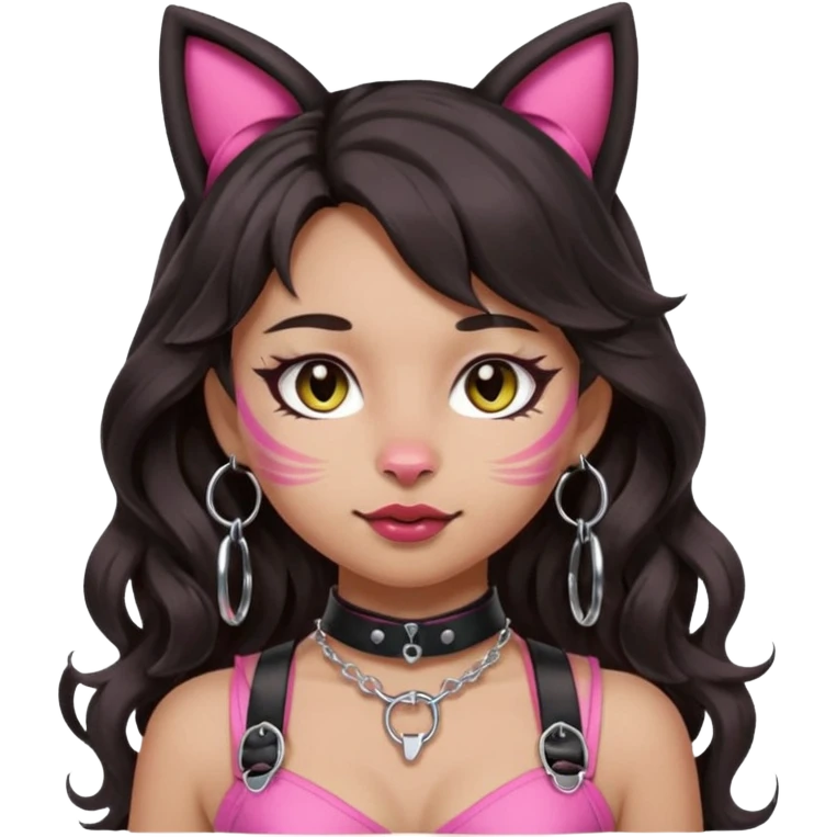 Remove all marks from the face so it is completely clean. Keep bangs, silver O-ring, light-medium Hispanic skin tone, long dark wavy hair, cat ears, and pink BDSM harness. Apple emoji style with transparent background. emoji