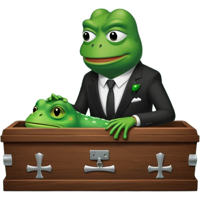 A coffin with "ECHO" written on it, being nailed shut by a Pepe the frog character. emoji