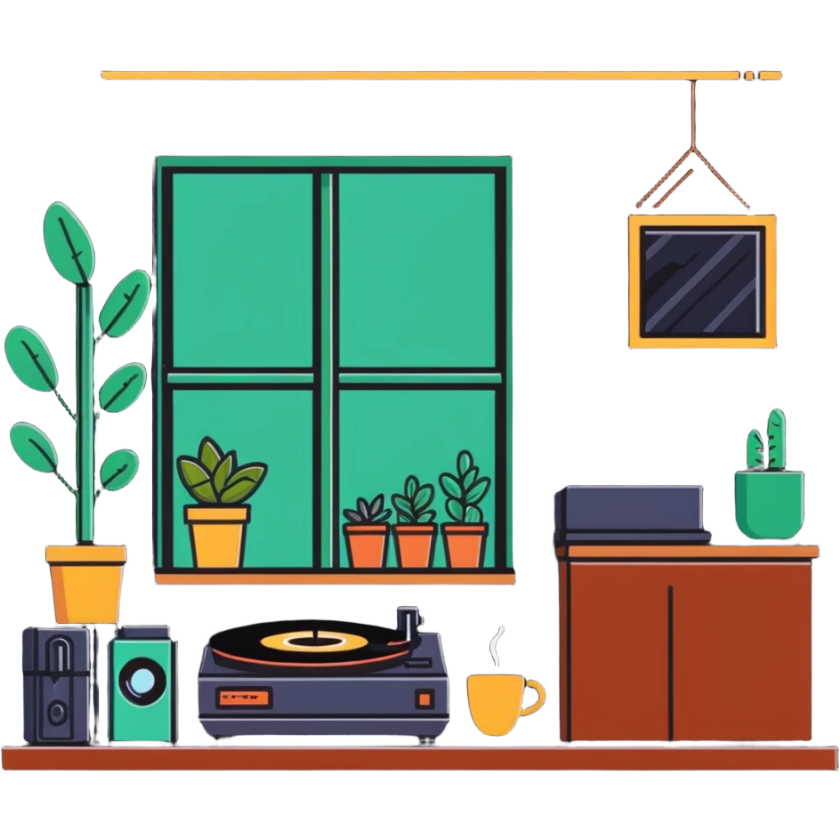 cozy indie coffee shop with plants and record player emoji