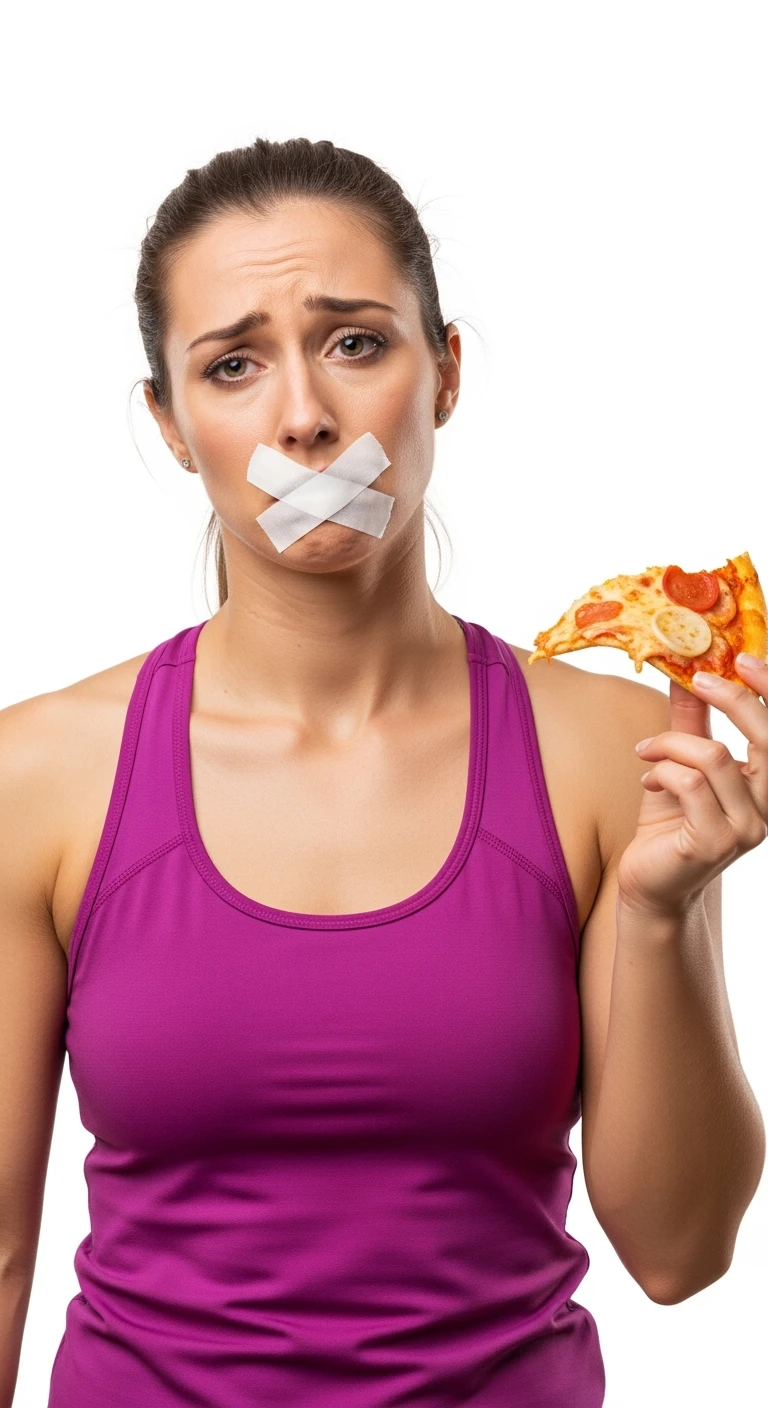 donna fitness con una fetta di pizza in mano ed espressione molto triste e stanca, scotch a croce sulla bocca, sfondo bianco emoji