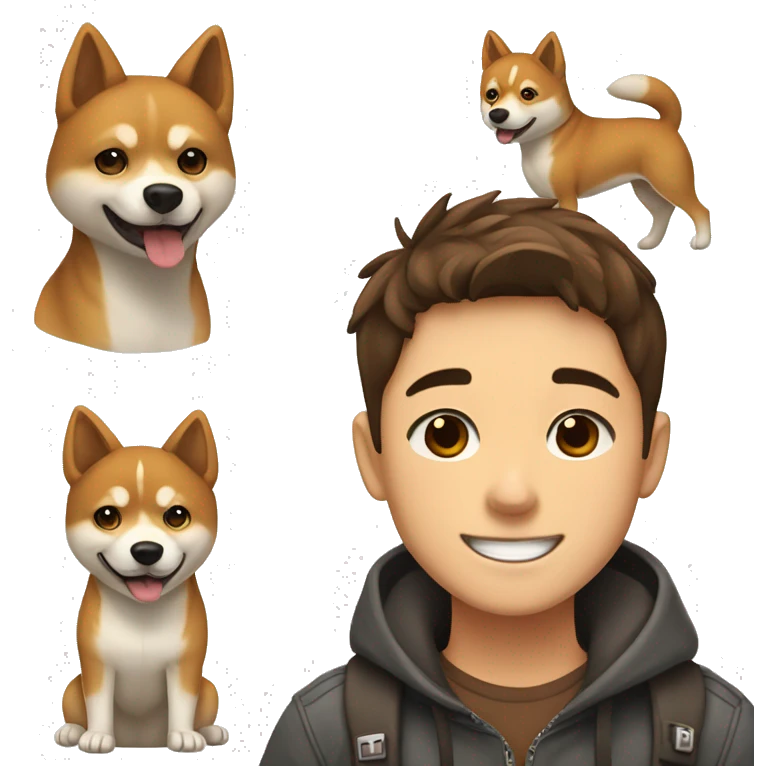  boy with brown hair with brown eyes and wide brows 12 years smiling and hugging with dog shiba inu  emoji