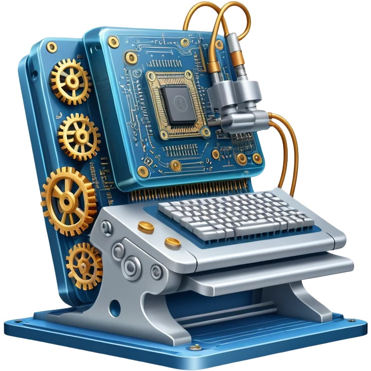 An icon featuring a giant machine soldering a huge microchip, symbolizing engineering. The design includes mechanical gears, circuit boards, and a blueprint, representing the precision and innovation in designing and building technology. Transparent background highlights the art of engineering emoji