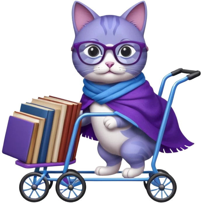 Purple and blue cat with reading glasses and a shawl, pushing a cart full of books emoji