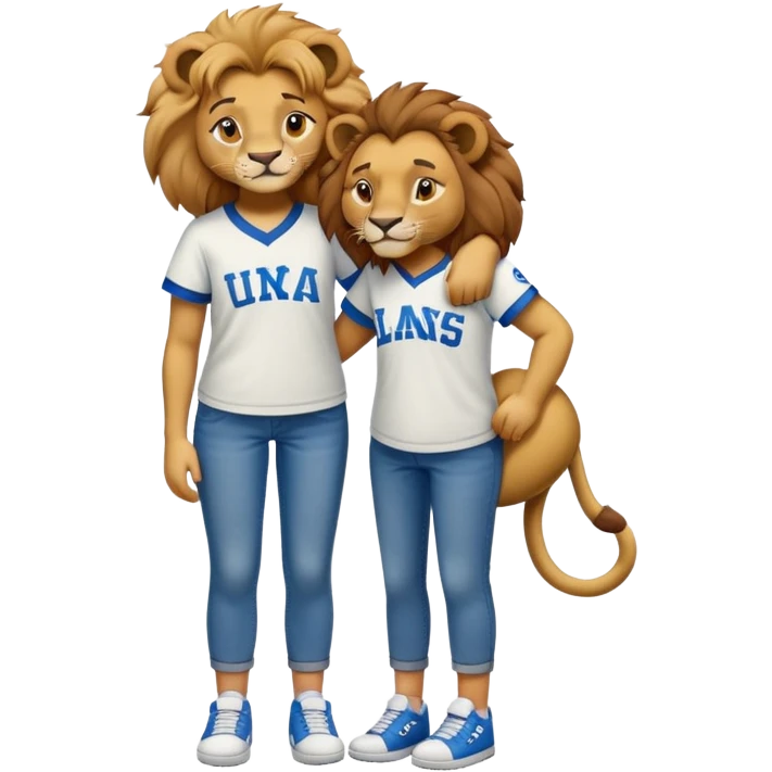 friendly anthropomorphised female lion wearing a baseball shirt, jeans, and trainers, comforting another character emoji