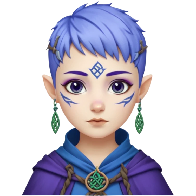 Frost wizard woman short pixie blue violet hair and cheek painted with a Celtic runes with Asian eyes and Celtic amulets  emoji