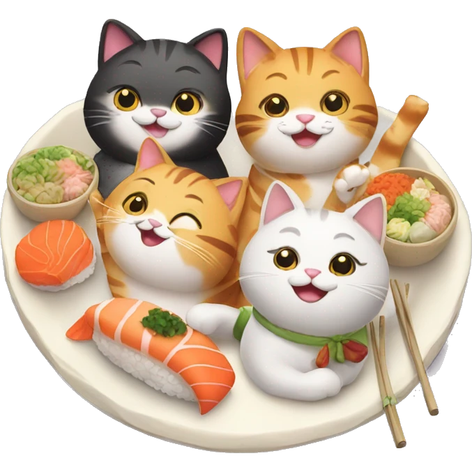 four HAPPY cats having SUSHI DINNER emoji
