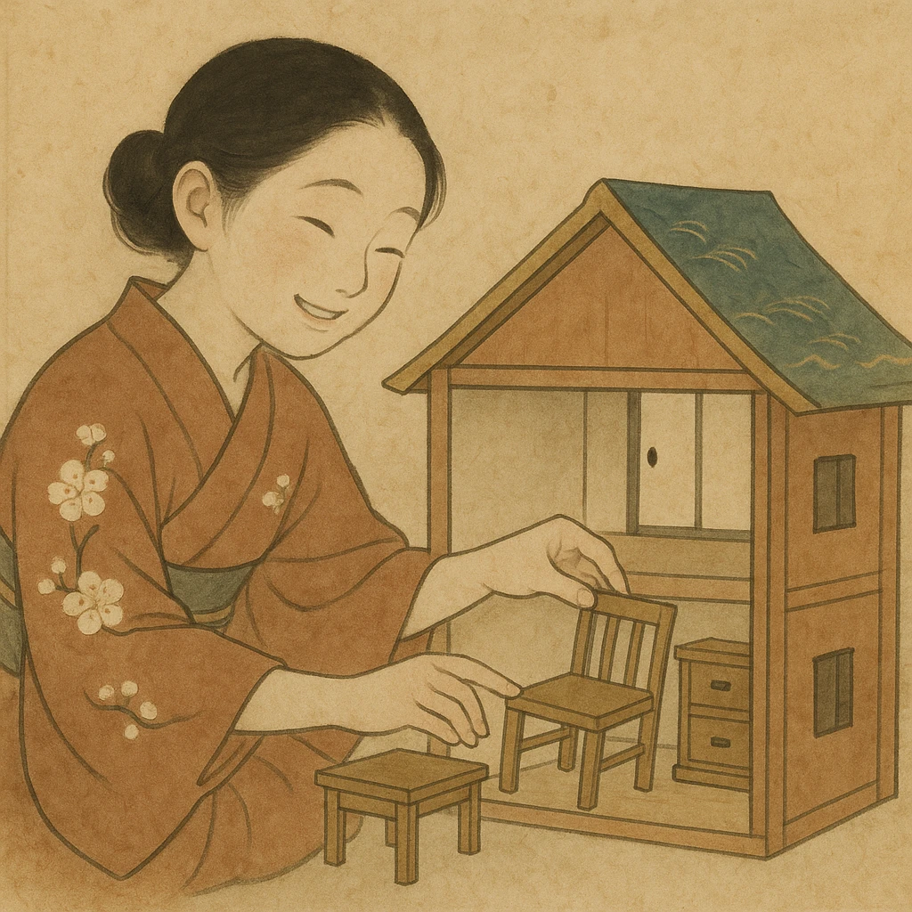 smiling girl arranging furniture in doll house emoji