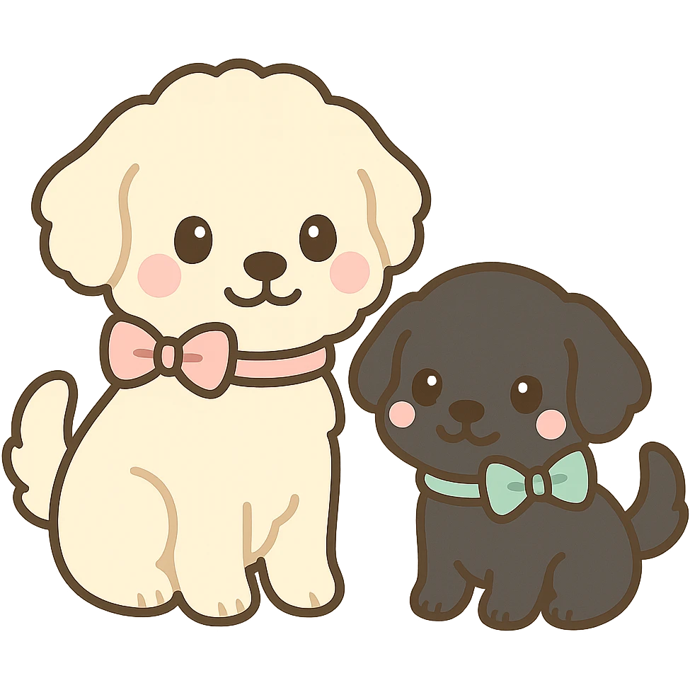 large light cream colored goldendoodle and small black golden retriever, chibi style, both wearing bows emoji