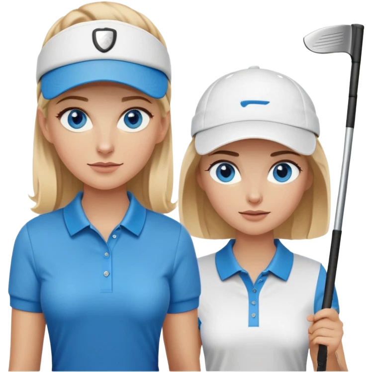Blonde woman with blue eyes wearing golf visor playing golf with white man with brown hair and brown eyes wearing blue polo emoji