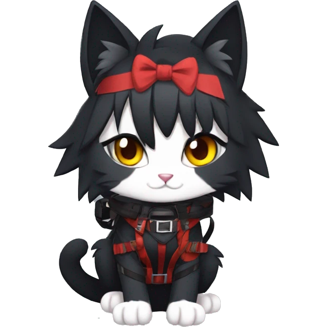Anthro Edgy Cool Beautiful Black Cat-Fursona-Fakemon with Emo Hair-bangs with Red Chest Harness emoji