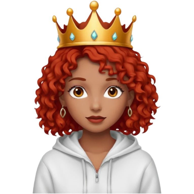 Slim girl with a fine face, dark chocolate-colored and tanned skin, medium-length curly tomato-red hair, dark eyes, medium-thick eyelashes, and a crown and hoop earrings wearing a white hooded sweatshirt.
 emoji