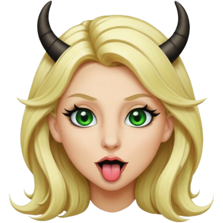Emoji femme blonde habillée en noir cheveux blond, yeux vert avec de long cils noir qui tire la langue et à des cornes  emoji