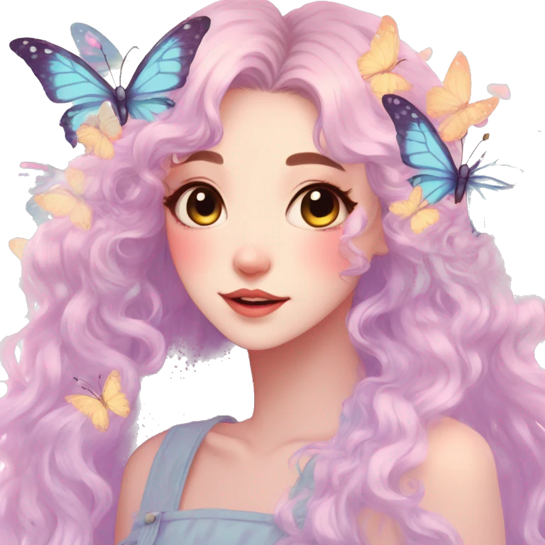 gorgeous anime pastel lady with butterflies and beautiful hair fairycore cottagecore emoji