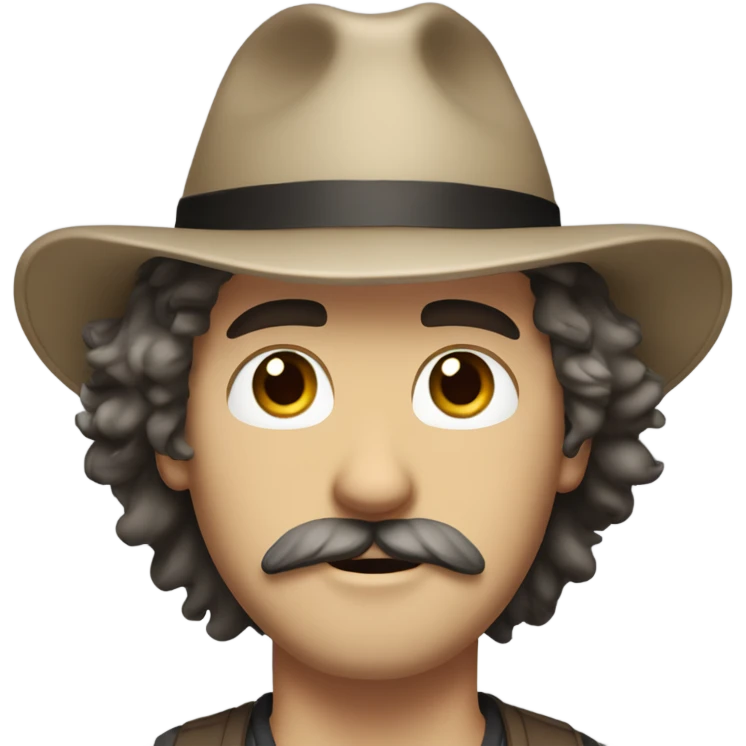 White guy with medium length shaggy hair and a hat. Brown eyes and a classic mustache no beard. Black hair emoji