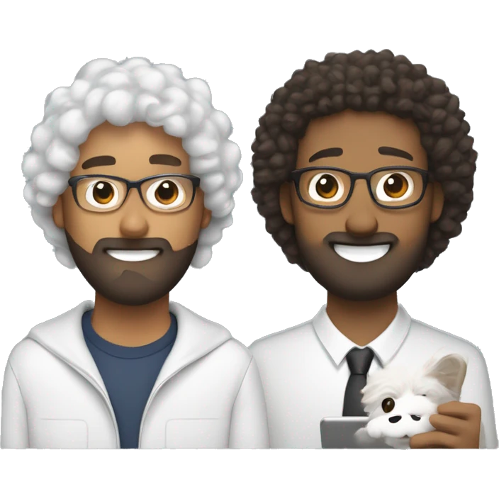 two people working remotely. One has short curly hair and trimmed beard. The other has curly hair, AirPods, and is holding a Samoyed. Both heads are at the top, with a laptop in the center, and two curved arrows forming a feedback loop between them emoji