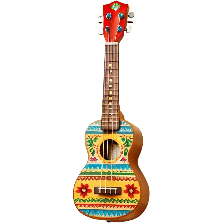 Create a vibrant and artistic emoji representing a ukulele with a Mexican design. The ukulele should feature a bright, colorful body with traditional Mexican patterns, such as geometric shapes, floral motifs, or colorful stripes. Use rich, warm tones like red, yellow, green, and blue to give the instrument a lively, festive look. Highlight the wood grain of the ukulele’s neck and fingerboard, and add subtle details like decorative inlays or a small Mexican flag symbol on the body. The strings should be clearly visible, and the instrument should be in a slightly angled position to showcase its unique design. The background should be transparent. emoji