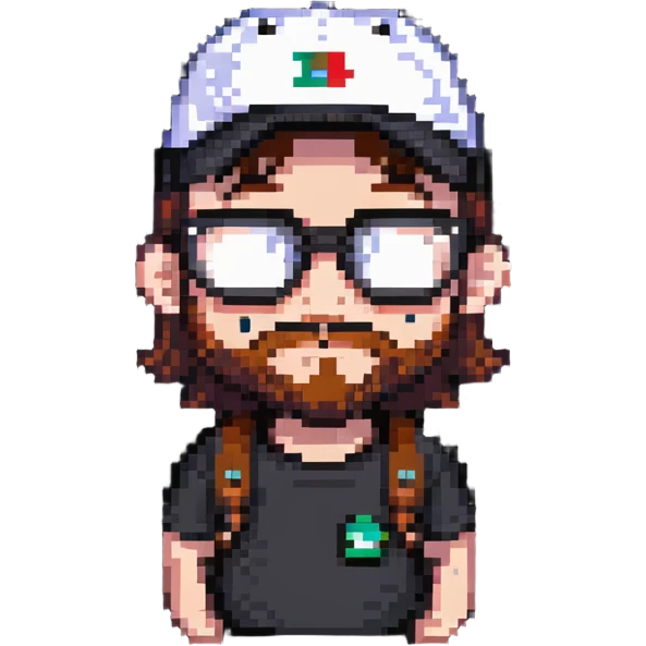 adventurer with small beard, glasses and backwards baseball cap emoji