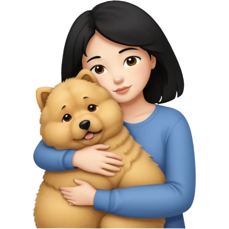 A girl with black hair hugging a beige fluffy chow chow dog emoji