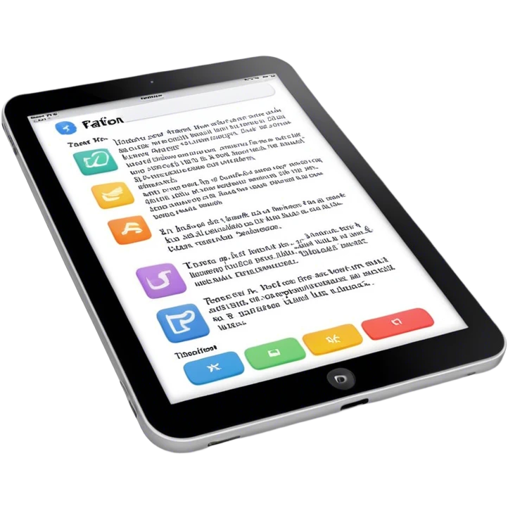 Create an emoji representing fanfiction writing. The design should feature a digital device tablet with visible text, symbolizing the creative process of writing fanfiction. Add a subtle reference to popular fictional characters or universes to indicate the fan aspect. Use a playful, imaginative color palette, blending vibrant tones with soft neutrals. Do not include any emojis or smiley faces. Make the background transparent. emoji