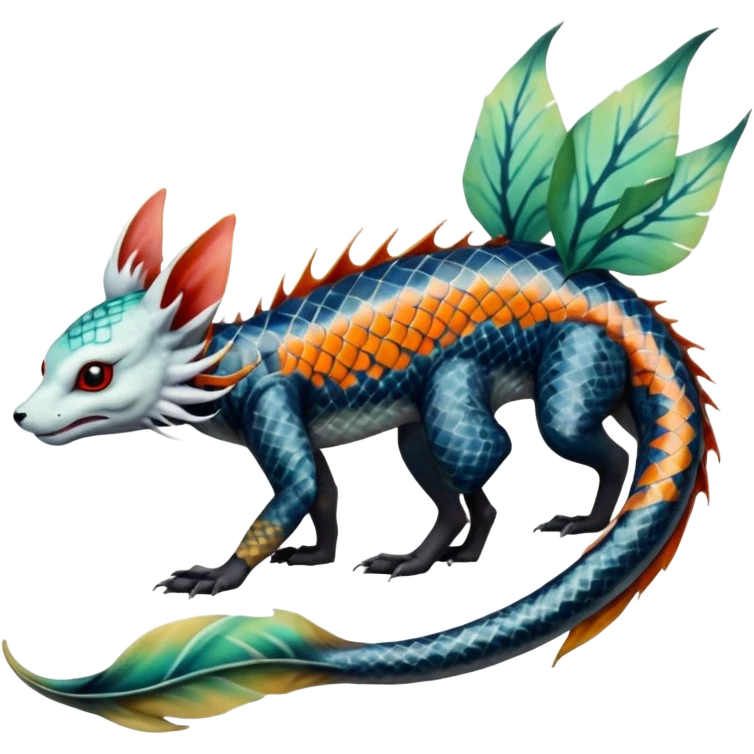 Edgy badass swimmy wet painted intricate ornate Japanese Asian koi-Sergal-Lykoi-Linoone-Electrike-Leafeon-fusion-hybrid-animal-Fakémon-creature, full body, thin long sleek scaly tail, intricate markings emoji