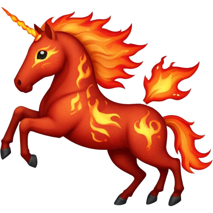 A red fast horse made of embers, magma, and visible lava, with flames burning around it and ash particles floating emoji